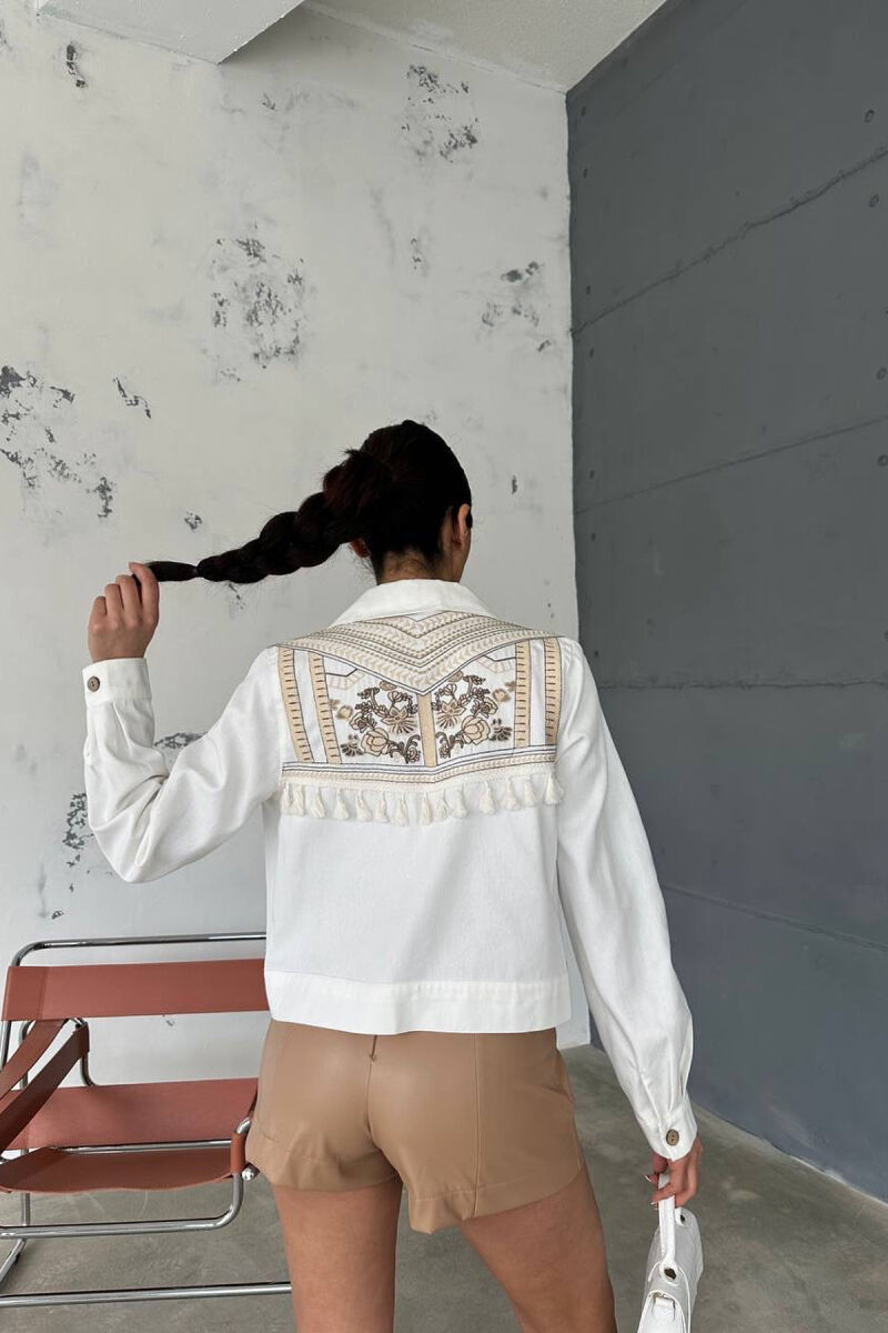 FLORAL EMBROIDERY BACK DESIGN SIMPLE WOMEN JACKET WHITE-E BARDHE - 7