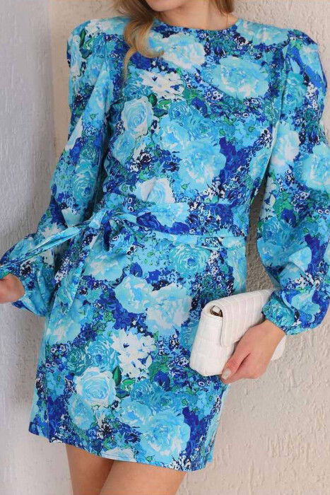FLORAL LONG SLEEVE WOMEN DRESS BLUE/BLU - 1