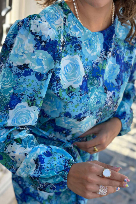 FLORAL LONG SLEEVE WOMEN DRESS BLUE/BLU - 5