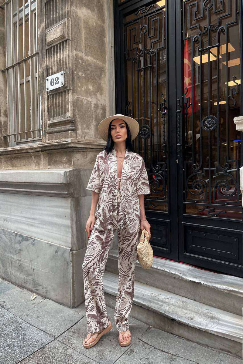 FLOWER DESIGN LACING SHIRT+TROUSERS WOMEN SET CREAM/KREM - 1