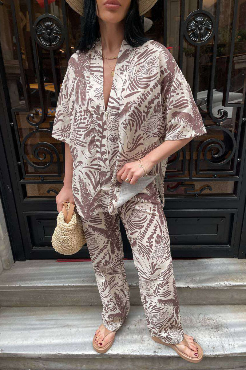 FLOWER DESIGN LACING SHIRT+TROUSERS WOMEN SET CREAM/KREM - 2