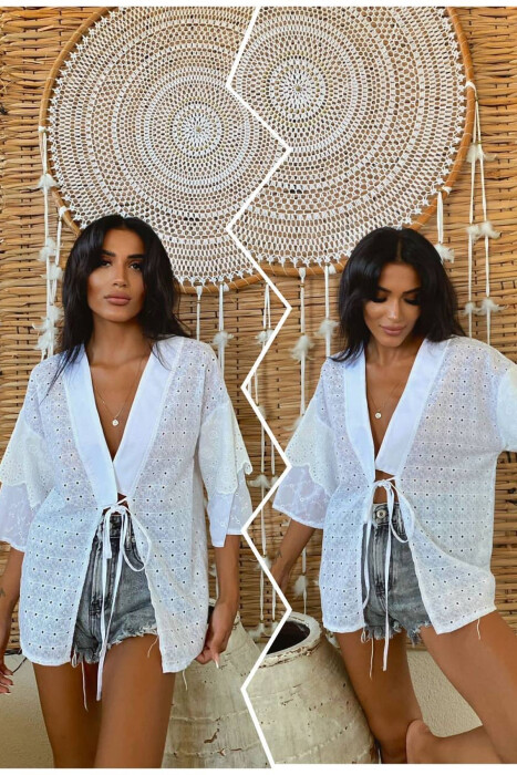 FLOWER DESIGN LACING WOMEN SHIRT WHITE-E BARDHE 