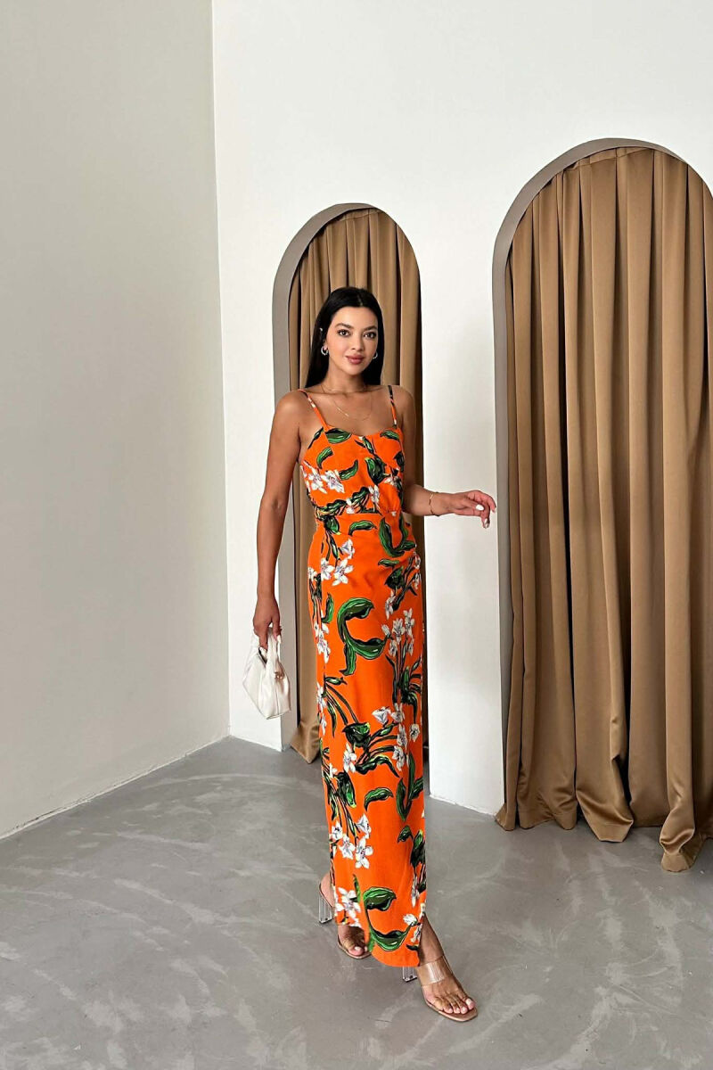 FLOWER DESIGN LONG WOMEN DRESS ORANGE/PORTOKALLI - 2
