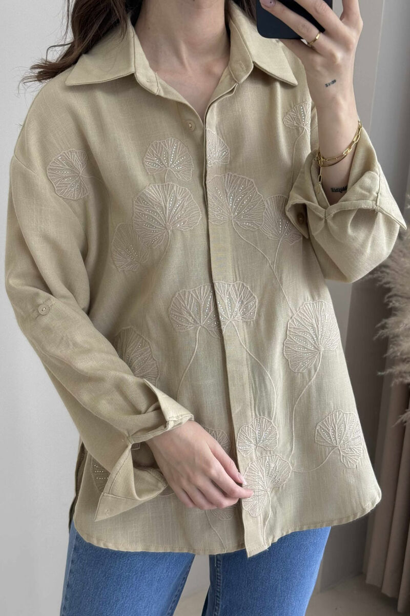 FLOWER DESIGN ONE COLOR WOMEN SHIRT BEIGE/BEZHE - 2