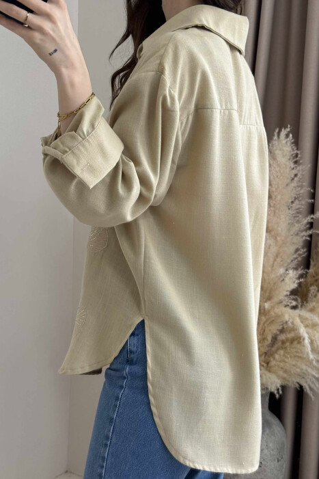 FLOWER DESIGN ONE COLOR WOMEN SHIRT BEIGE/BEZHE - 3