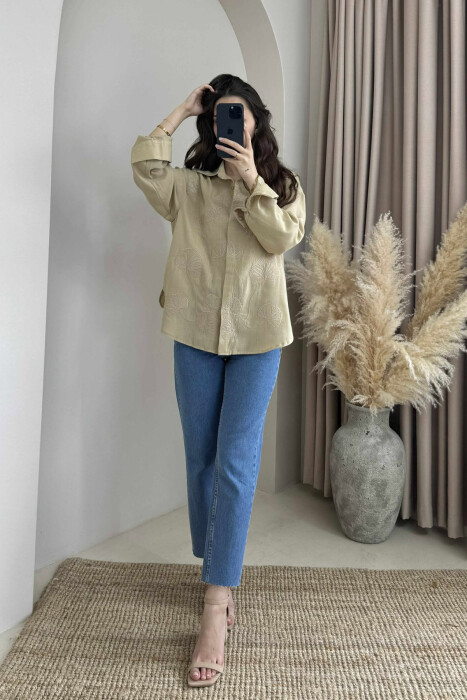 FLOWER DESIGN ONE COLOR WOMEN SHIRT BEIGE/BEZHE - 4