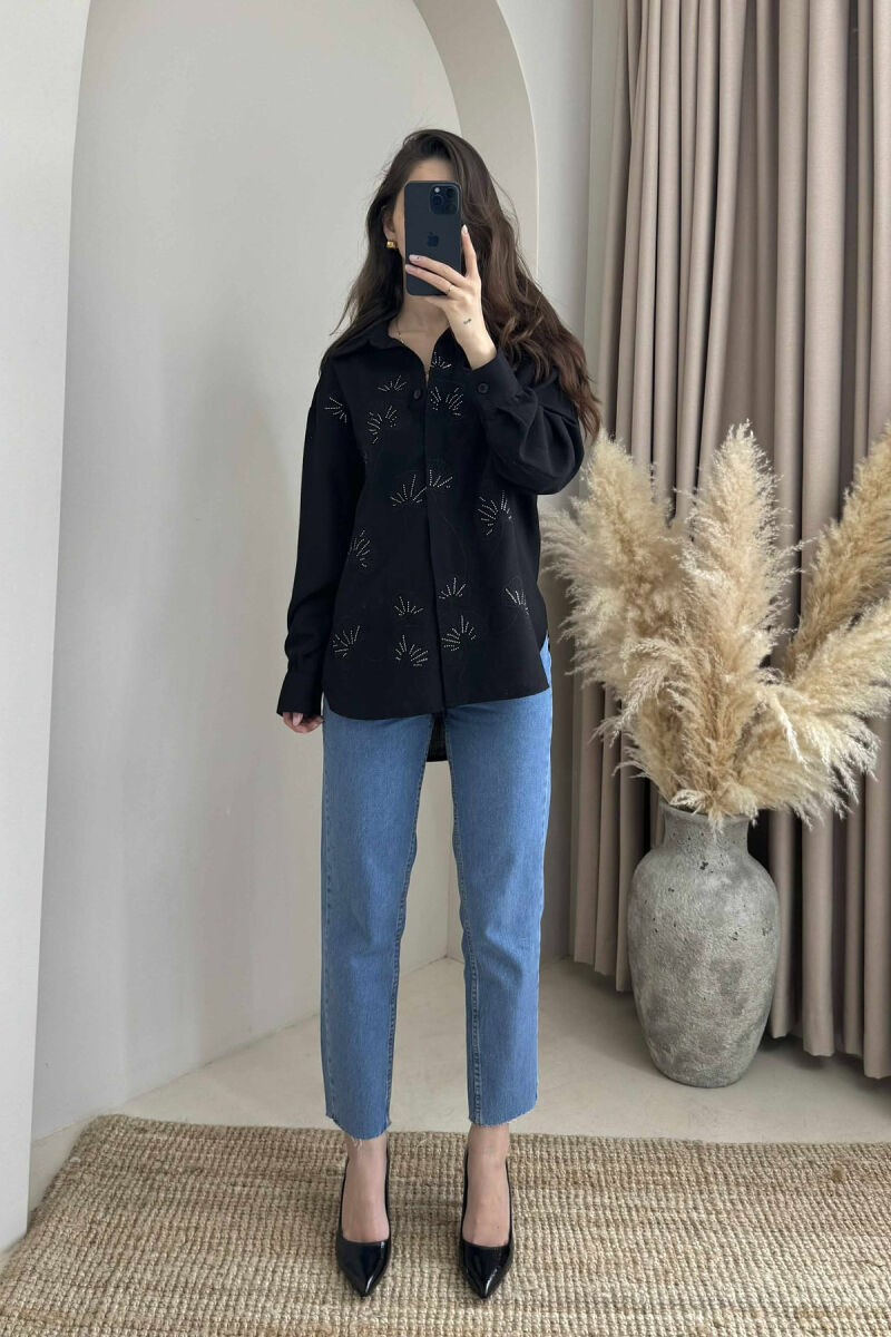 FLOWER DESIGN ONE COLOR WOMEN SHIRT BLACK/ E ZEZE - 2