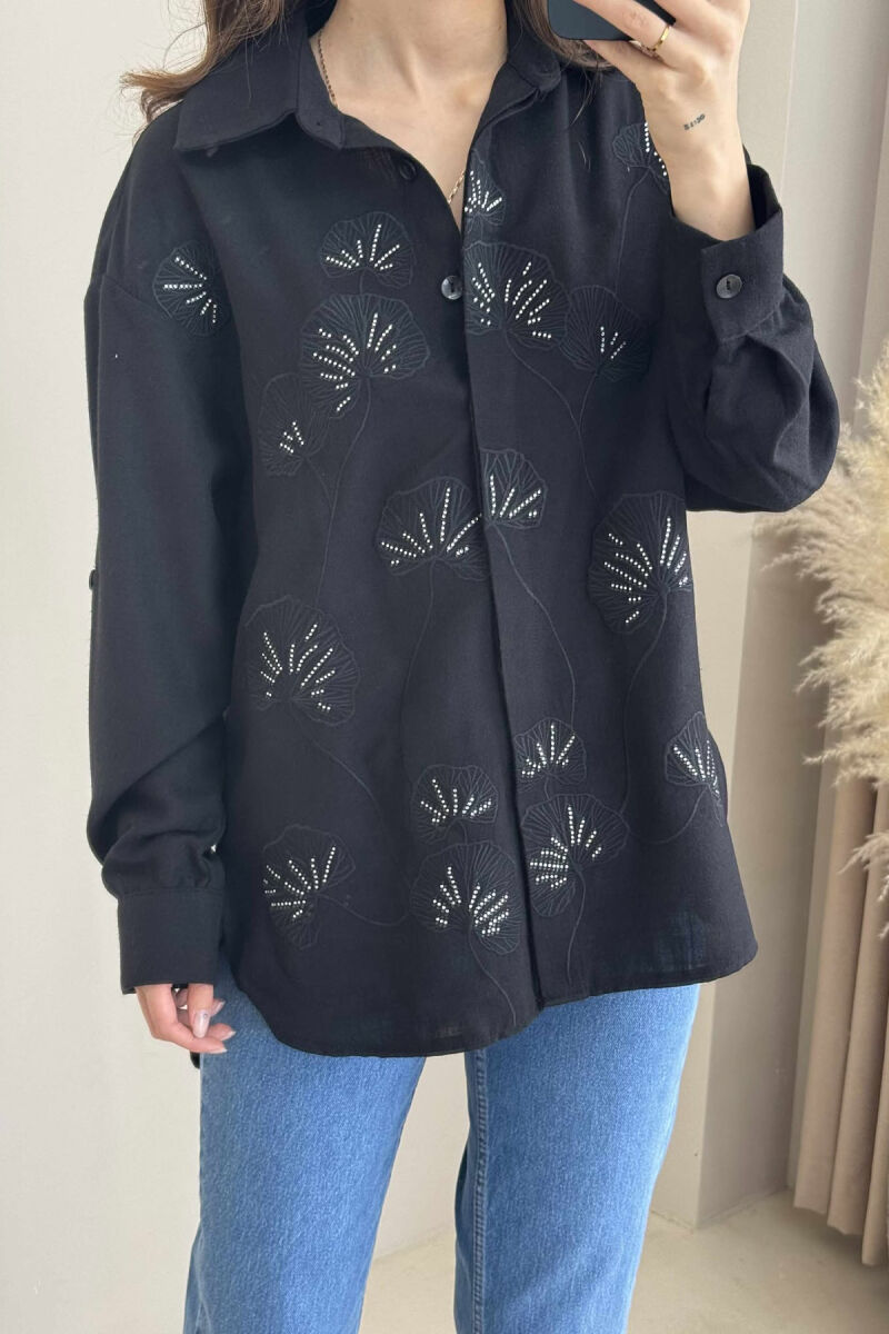 FLOWER DESIGN ONE COLOR WOMEN SHIRT BLACK/ E ZEZE - 3