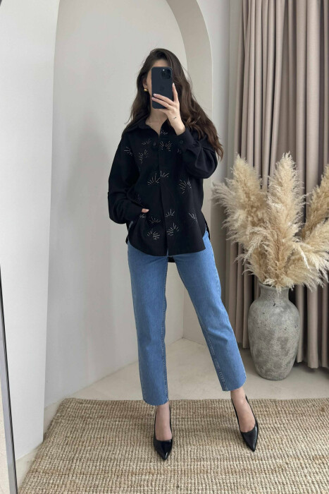 FLOWER DESIGN ONE COLOR WOMEN SHIRT BLACK/ E ZEZE 