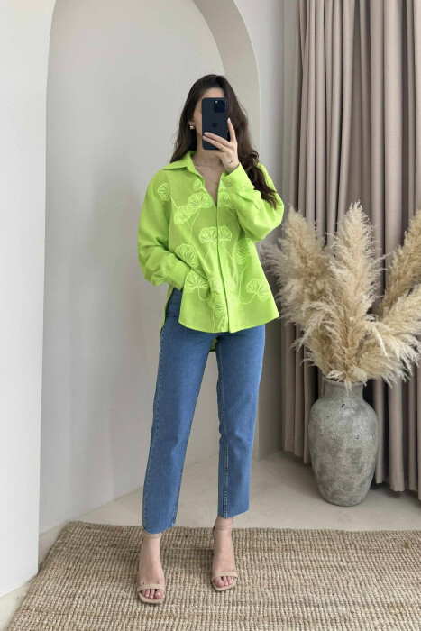 FLOWER DESIGN ONE COLOR WOMEN SHIRT LIGHT GREEN/JEZB 
