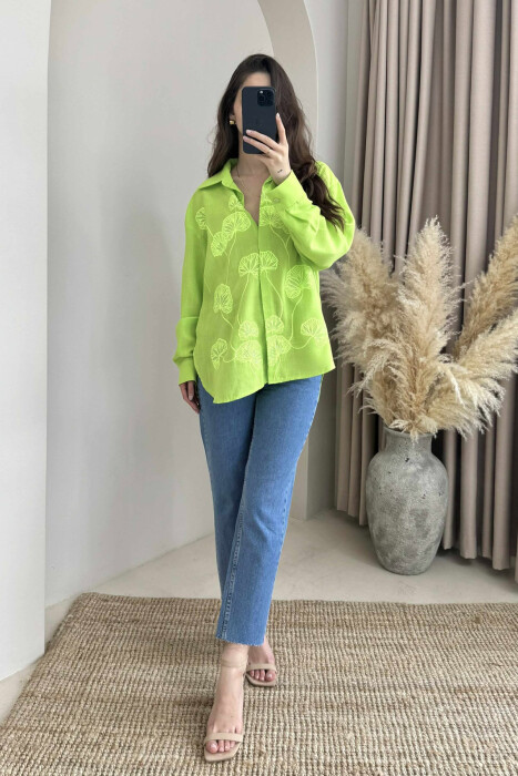 FLOWER DESIGN ONE COLOR WOMEN SHIRT LIGHT GREEN/JEZB - 2