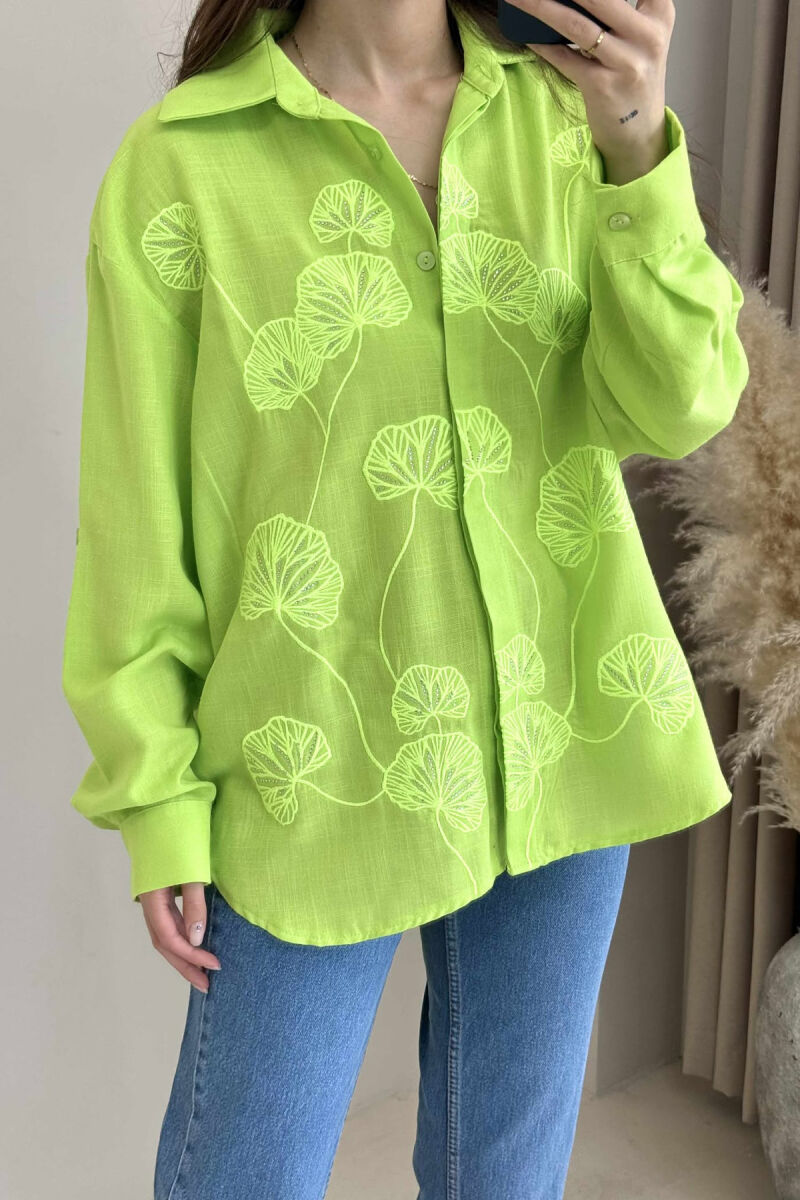 FLOWER DESIGN ONE COLOR WOMEN SHIRT LIGHT GREEN/JEZB - 3