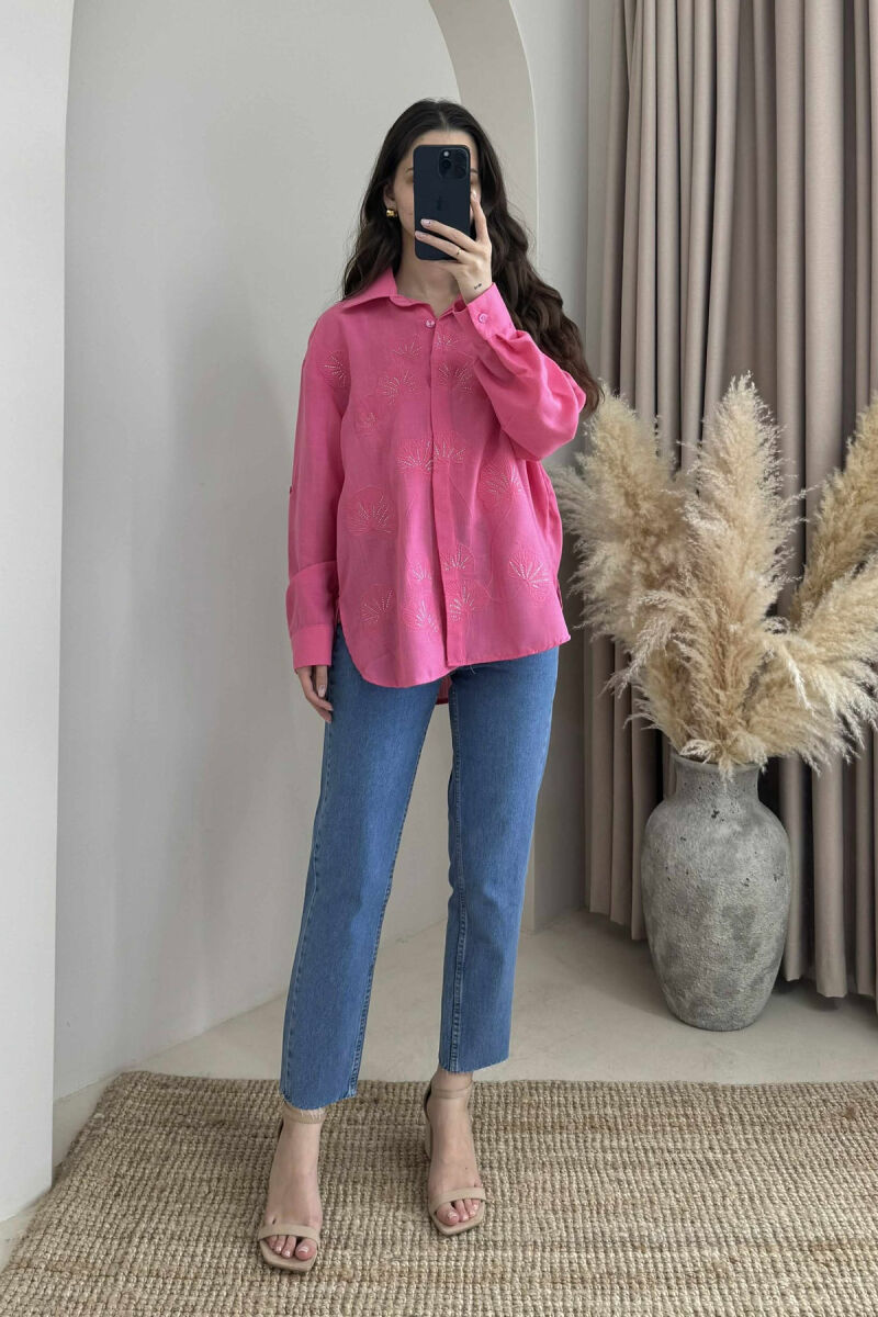 FLOWER DESIGN ONE COLOR WOMEN SHIRT PINK/ROZE - 1