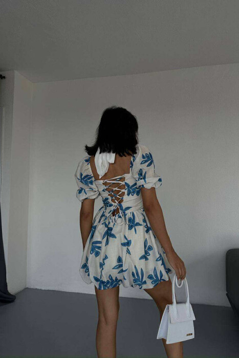 FLOWER DESIGN SHORT WOMEN DRESS BLUE-CREAM/BLKR - 4