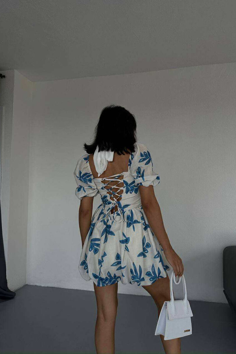 FLOWER DESIGN SHORT WOMEN DRESS BLUE-CREAM/BLKR - 4