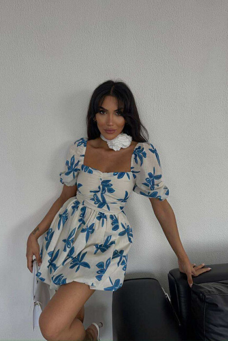 FLOWER DESIGN SHORT WOMEN DRESS BLUE-CREAM/BLKR - 5