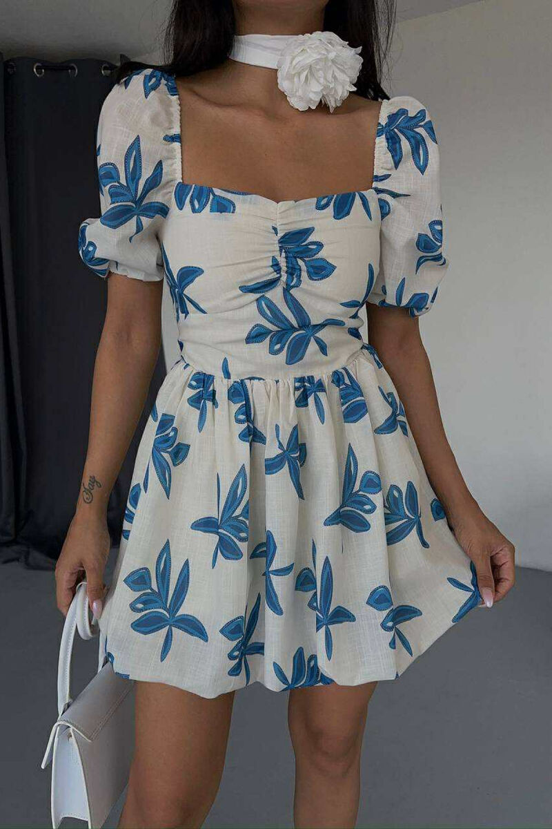 FLOWER DESIGN SHORT WOMEN DRESS BLUE-CREAM/BLKR - 6