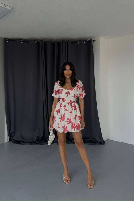 FLOWER DESIGN SHORT WOMEN DRESS CREAM-PINK/KREM-ROZE - 2