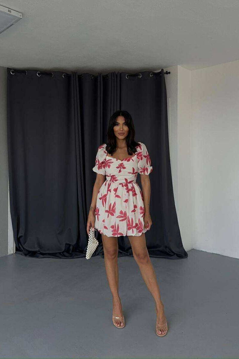 FLOWER DESIGN SHORT WOMEN DRESS CREAM-PINK/KREM-ROZE - 2