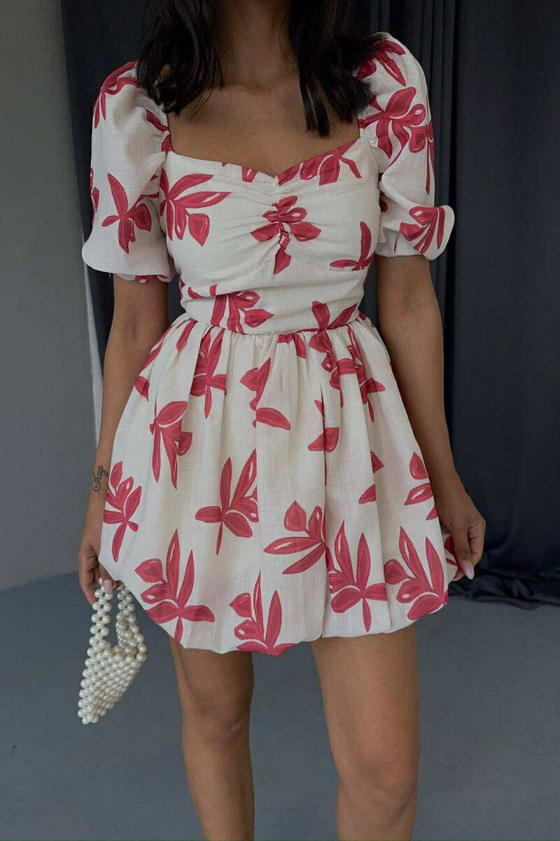 FLOWER DESIGN SHORT WOMEN DRESS CREAM-PINK/KREM-ROZE - 3