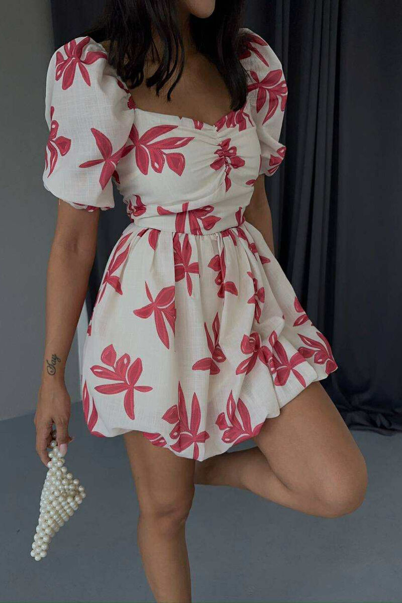 FLOWER DESIGN SHORT WOMEN DRESS CREAM-PINK/KREM-ROZE - 4