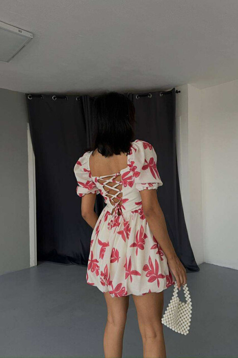 FLOWER DESIGN SHORT WOMEN DRESS CREAM-PINK/KREM-ROZE - 7