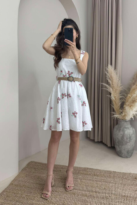 FLOWER DESIGN SHORT WOMEN DRESS WHITE-PINK/BARO 