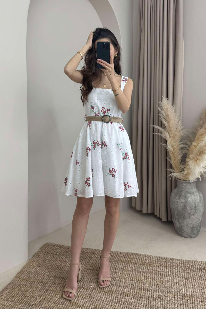 FLOWER DESIGN SHORT WOMEN DRESS WHITE-PINK/BARO - 1