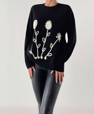 FLOWER DESIGN SIMPLE WOMEN SWEATER BLACK/ E ZEZE 