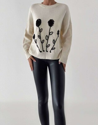 FLOWER DESIGN SIMPLE WOMEN SWEATER CREAM/KREM 