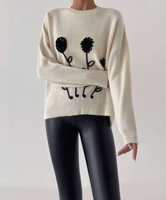 FLOWER DESIGN SIMPLE WOMEN SWEATER CREAM/KREM - 2