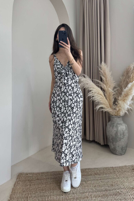 FLOWER DESIGN STRAPS LONG WOMEN DRESS BLACK-WHITE/ZEBA - 1