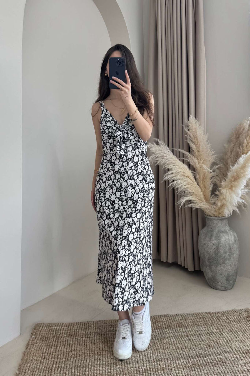 FLOWER DESIGN STRAPS LONG WOMEN DRESS BLACK-WHITE/ZEBA - 1