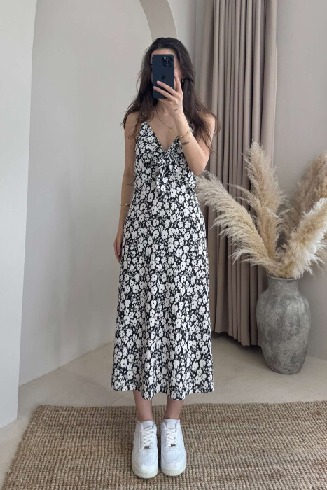 FLOWER DESIGN STRAPS LONG WOMEN DRESS BLACK-WHITE/ZEBA - 2