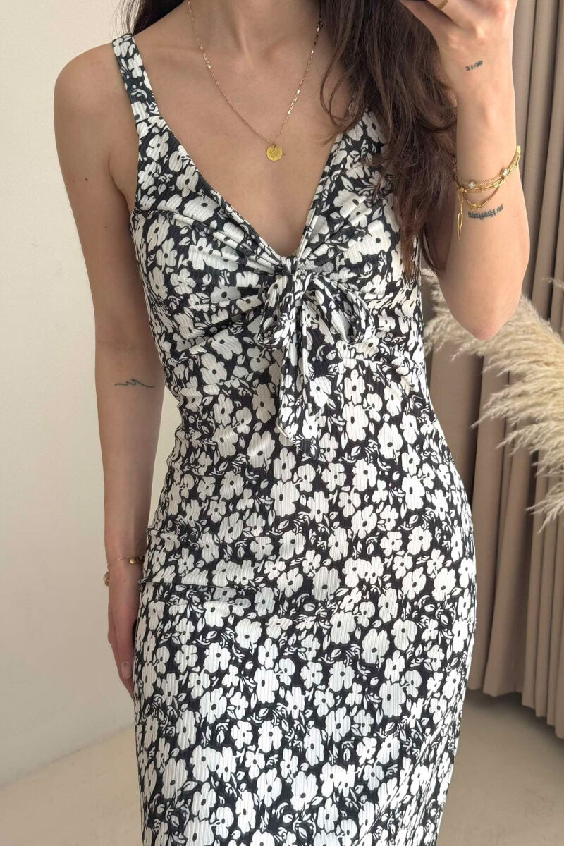 FLOWER DESIGN STRAPS LONG WOMEN DRESS BLACK-WHITE/ZEBA - 3