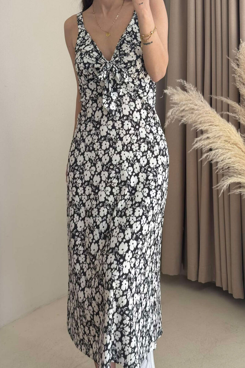 FLOWER DESIGN STRAPS LONG WOMEN DRESS BLACK-WHITE/ZEBA - 4
