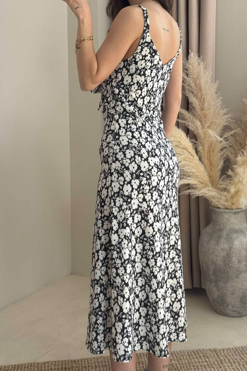 FLOWER DESIGN STRAPS LONG WOMEN DRESS BLACK-WHITE/ZEBA - 5