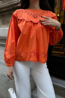 FLOWER DESIGN WOMEN BLOUSE ORANGE/PORTOKALLI 