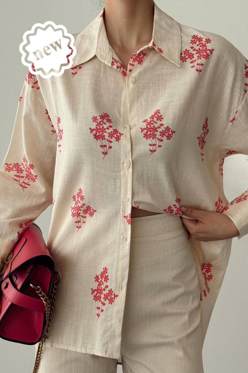 Women's shirt 16- Floral printed organic cotton shirt in red and cream