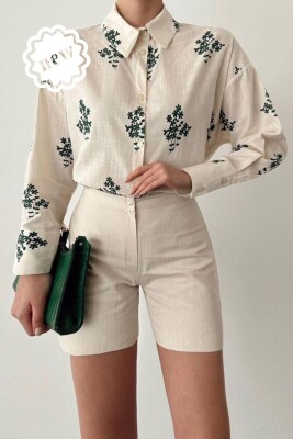 FLOWER DESIGN WOMEN SHIRTS GREEN-CREAM/JESHILE-KREM 