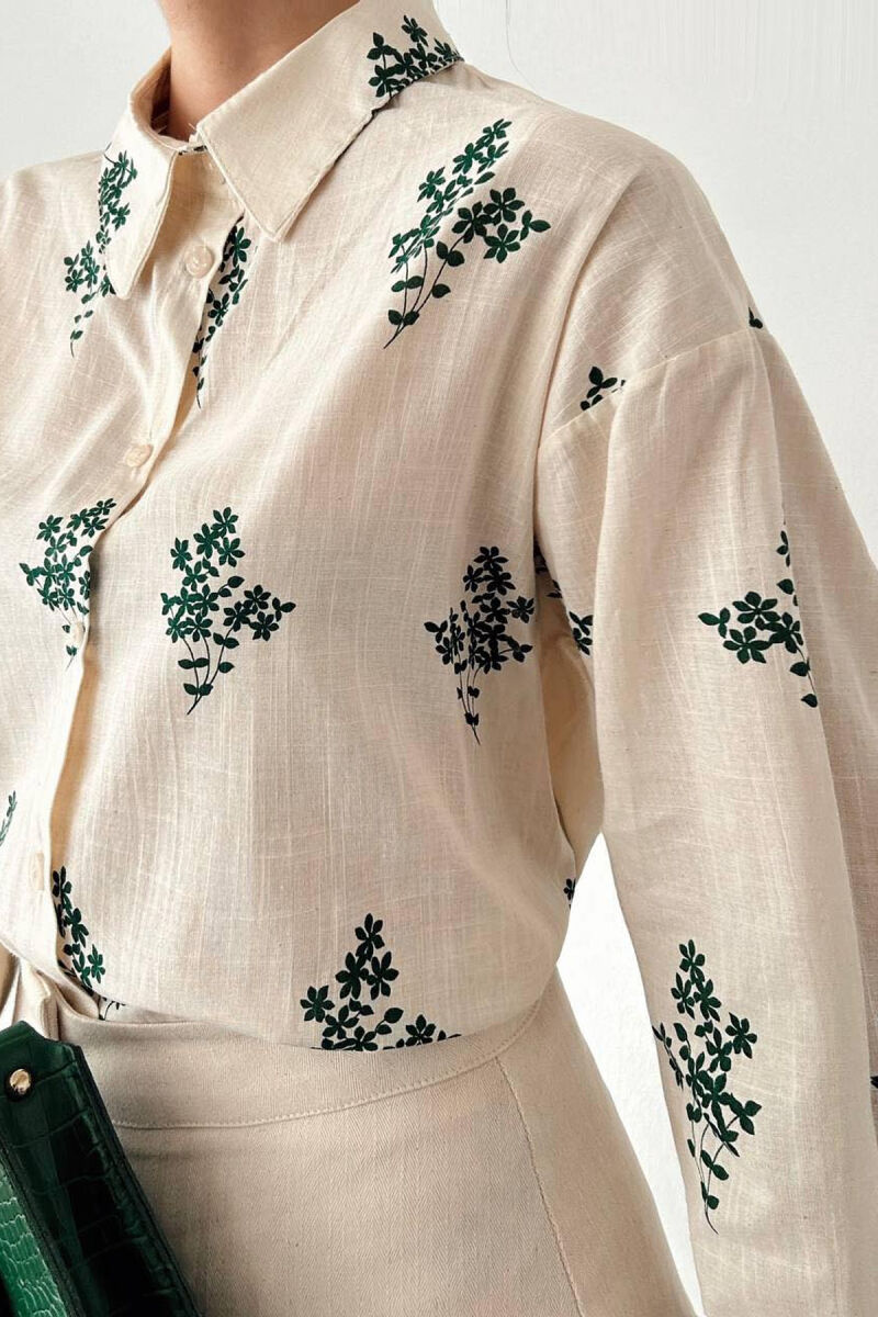 FLOWER DESIGN WOMEN SHIRTS GREEN-CREAM/JESHILE-KREM - 2