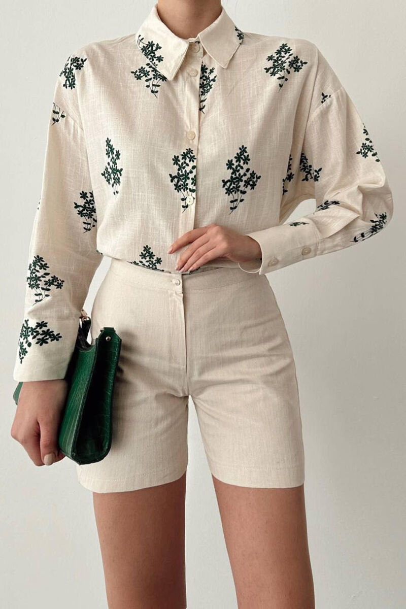 FLOWER DESIGN WOMEN SHIRTS GREEN-CREAM/JESHILE-KREM - 3