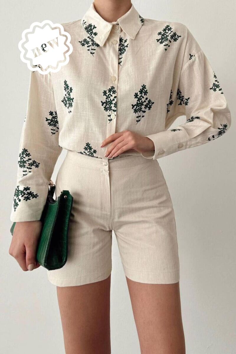 FLOWER DESIGN WOMEN SHIRTS GREEN-CREAM/JESHILE-KREM - 1