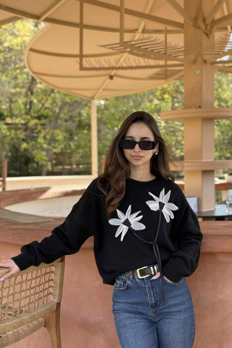 FLOWER DESIGN WOMEN SWEATER BLACK/ E ZEZE - 2