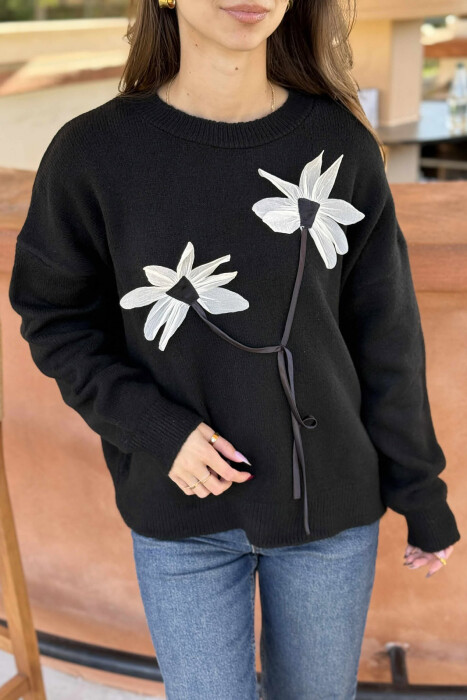 FLOWER DESIGN WOMEN SWEATER BLACK/ E ZEZE - 4