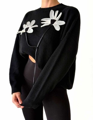 FLOWER DESIGN WOMEN SWEATER BLACK/ E ZEZE 