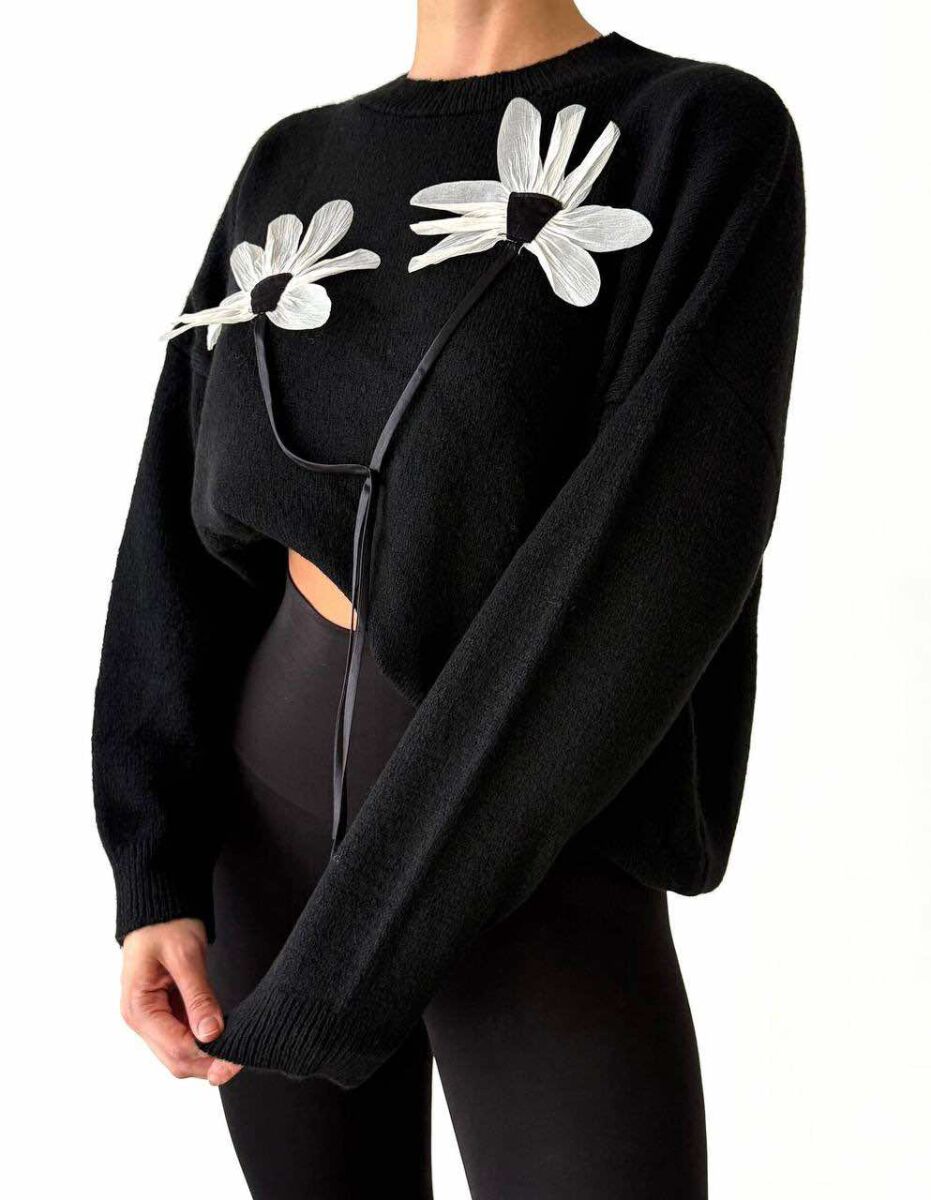 FLOWER DESIGN WOMEN SWEATER BLACK/ E ZEZE - 1