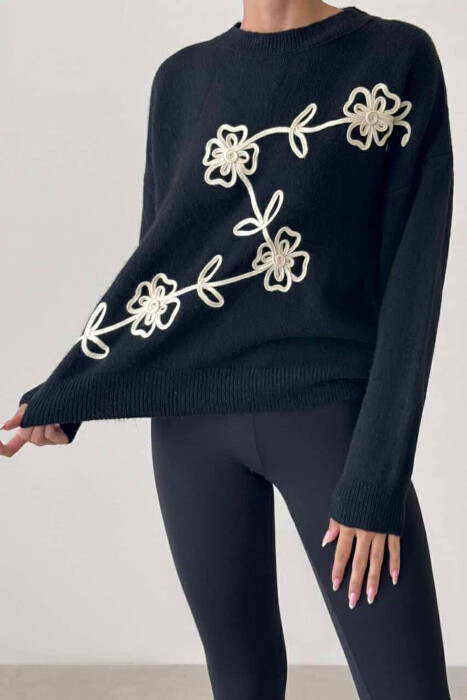 FLOWER DESIGN WOMEN SWEATER BLACK/ E ZEZE - 2