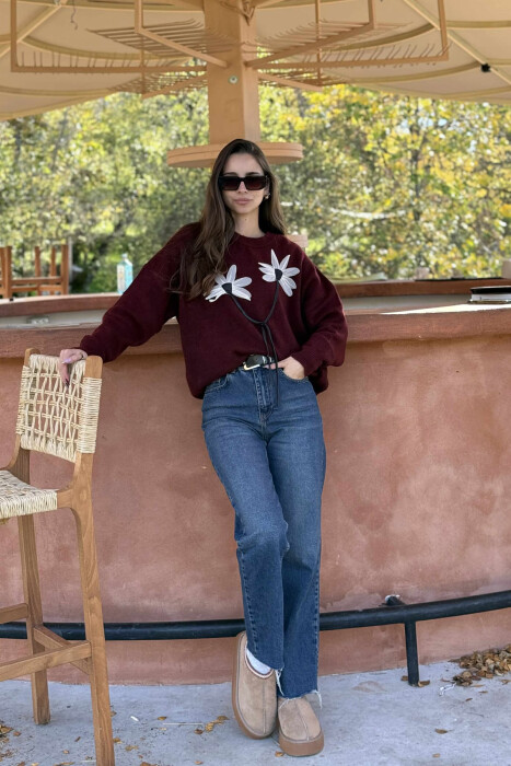FLOWER DESIGN WOMEN SWEATER BURGUNDY/VISHNJE - 1