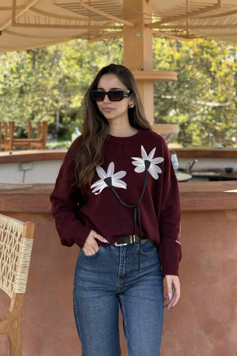 FLOWER DESIGN WOMEN SWEATER BURGUNDY/VISHNJE - 2